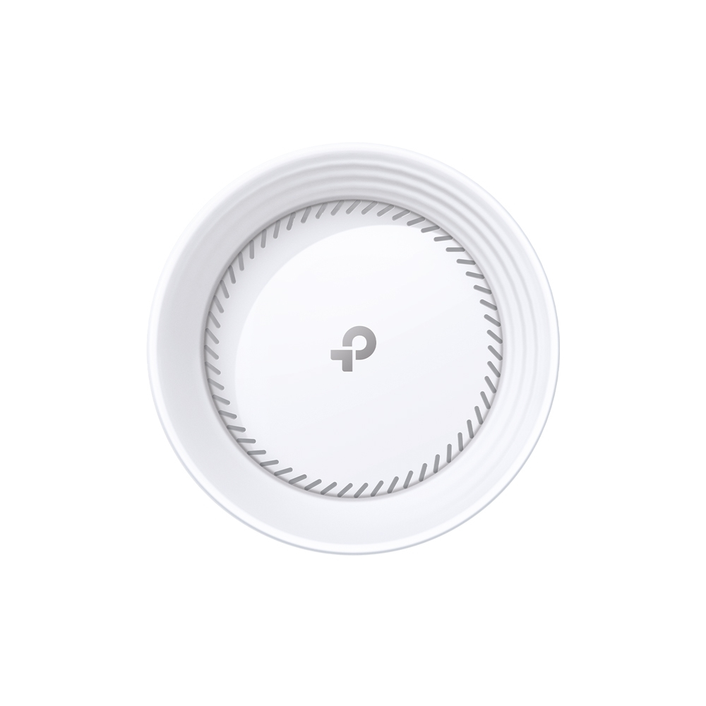 Un router WiFi redondo blanco con un logo gris de TP-Link en el centro.