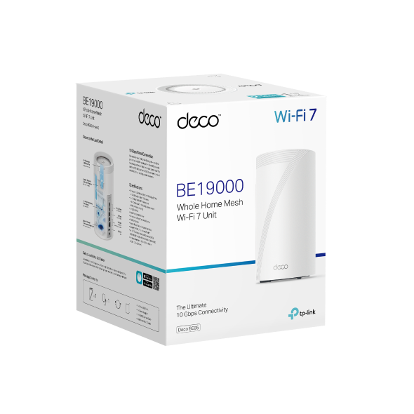 Unidad Deco BE19000 Mesh Wi-Fi 7 blanca en caja con imagen y detalles del producto.