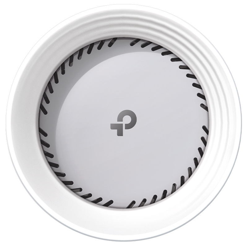 Un router redondo blanco con un logo de TP-Link en el centro.
