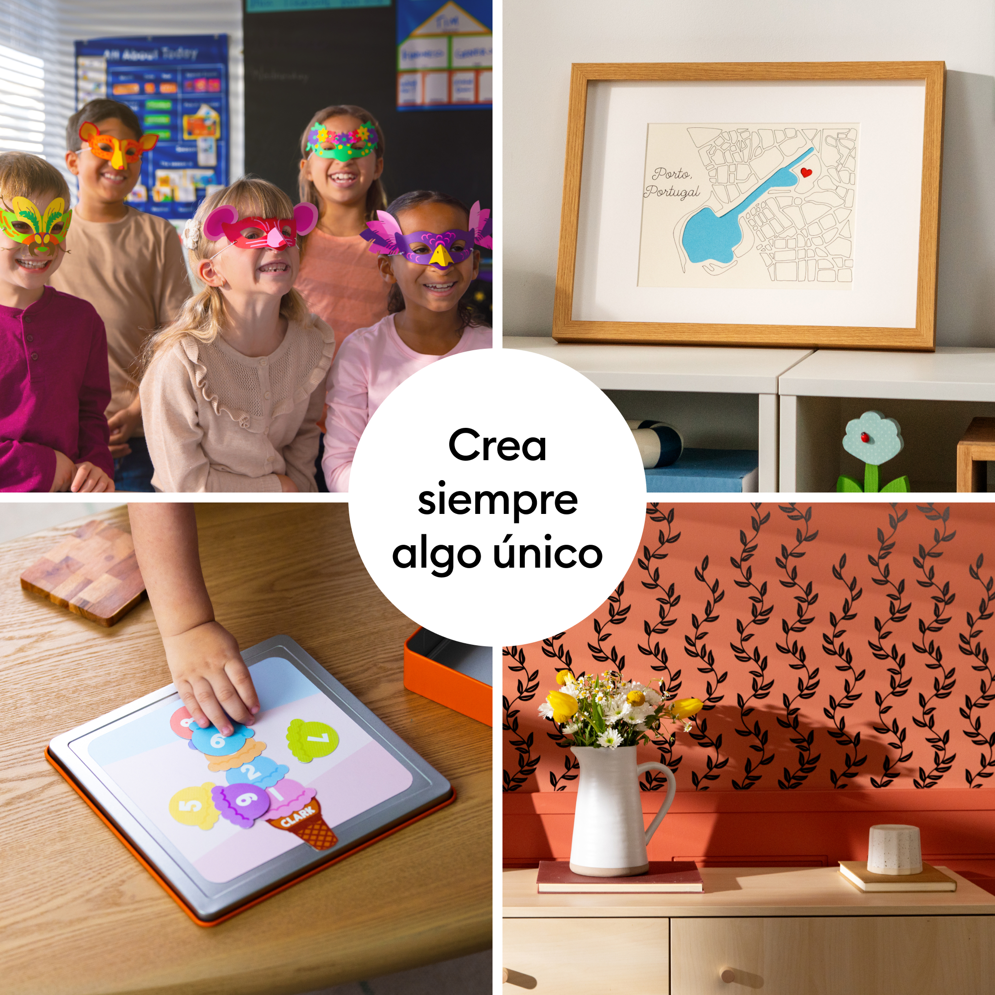 Niños con máscaras, un mapa de Oporto, un niño con un puzzle de helados y flores en un jarrón.