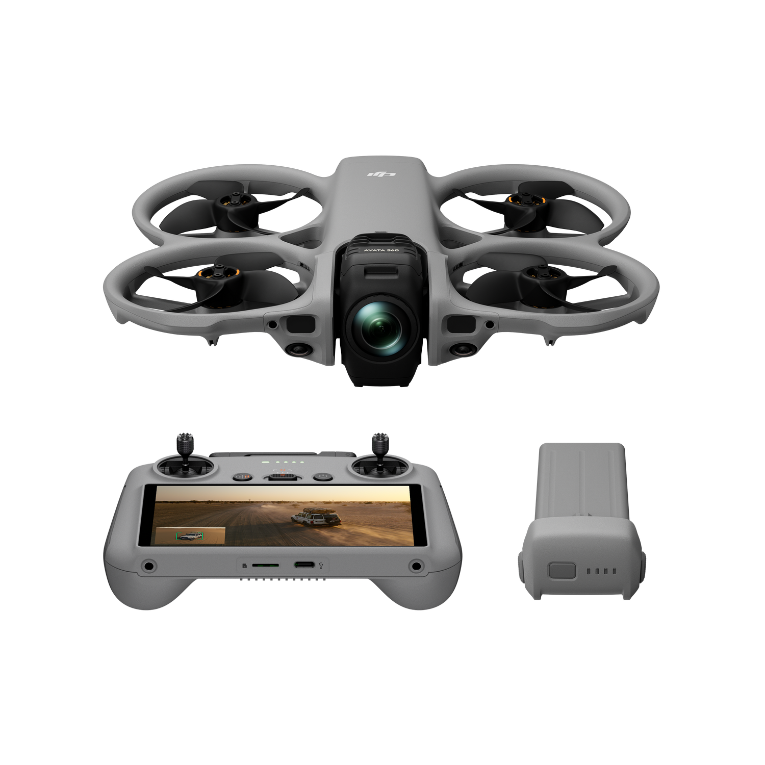 Drone DJI Avata gris, mando con pantalla y batería sobre fondo negro.