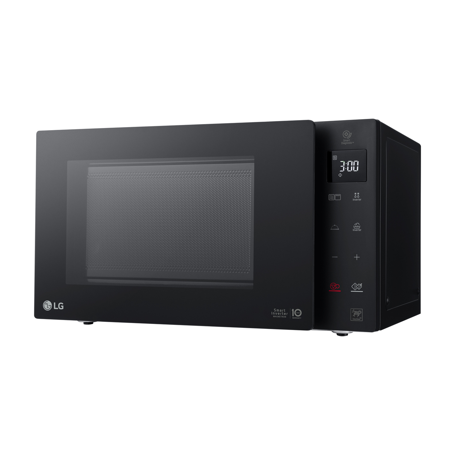 Un microonde LG nero con display digitale che mostra 3:00. Ha un design elegante.