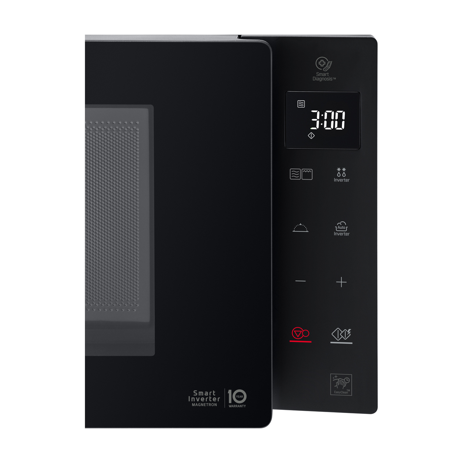 Pannello di controllo nero per microonde con display digitale e icone.