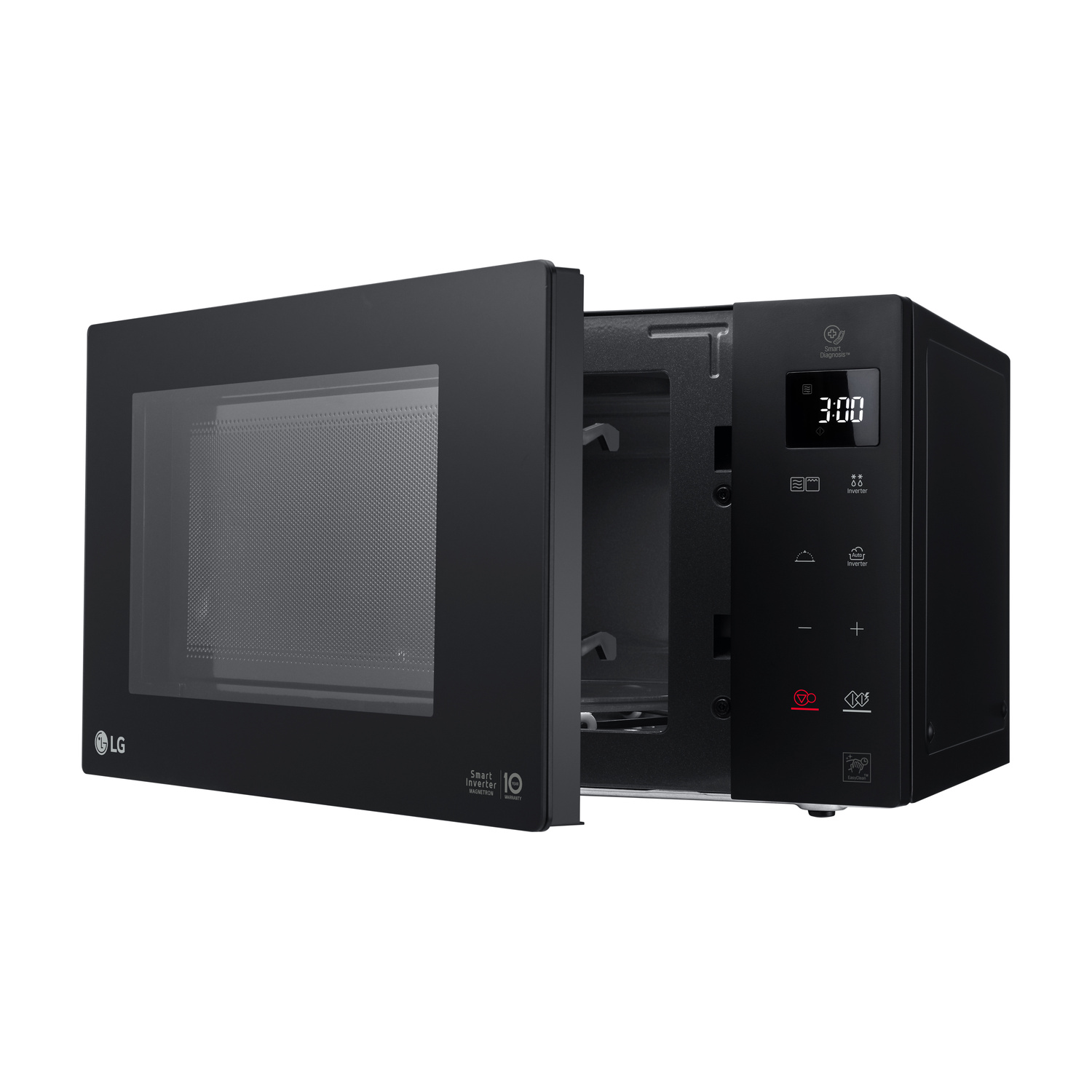 Forno a microonde LG nero con porta aperta e display digitale.