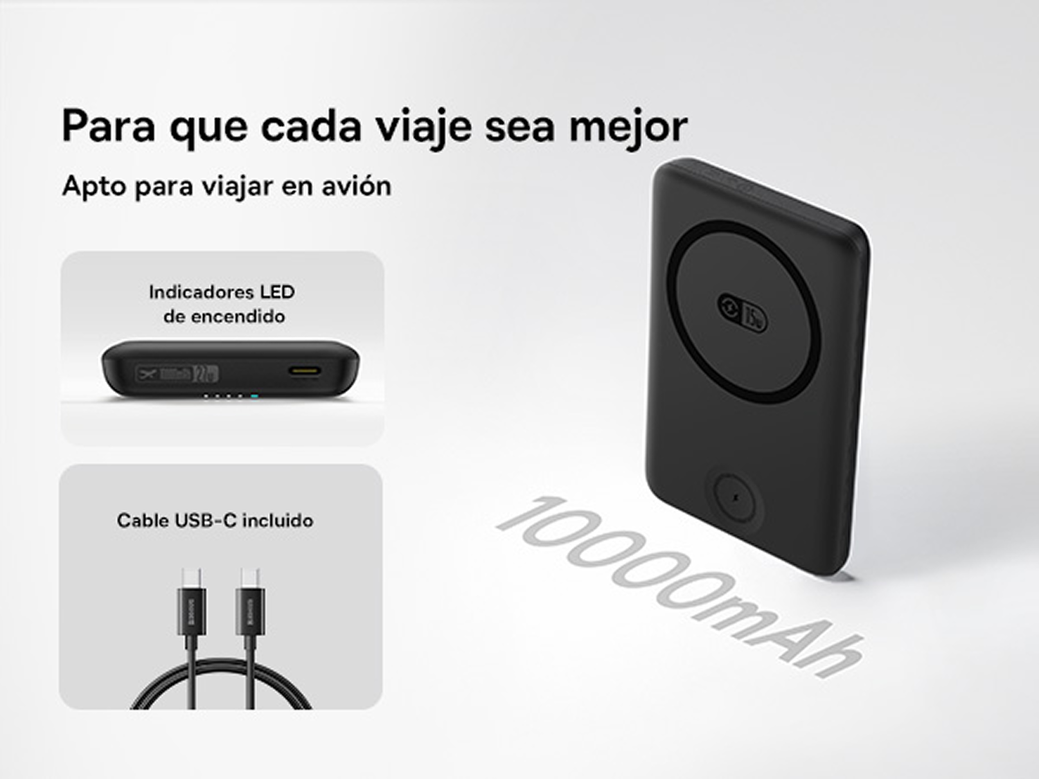 Para que cada viaje sea mejor. Apto para viajar en avión. Indicadores LED de encendido. Cable USB-C incluido