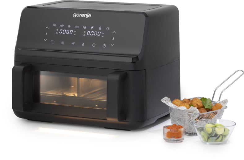 Egy fekete Gorenje légkeveréses fritőz digitális kijelzővel és tartozékokkal.