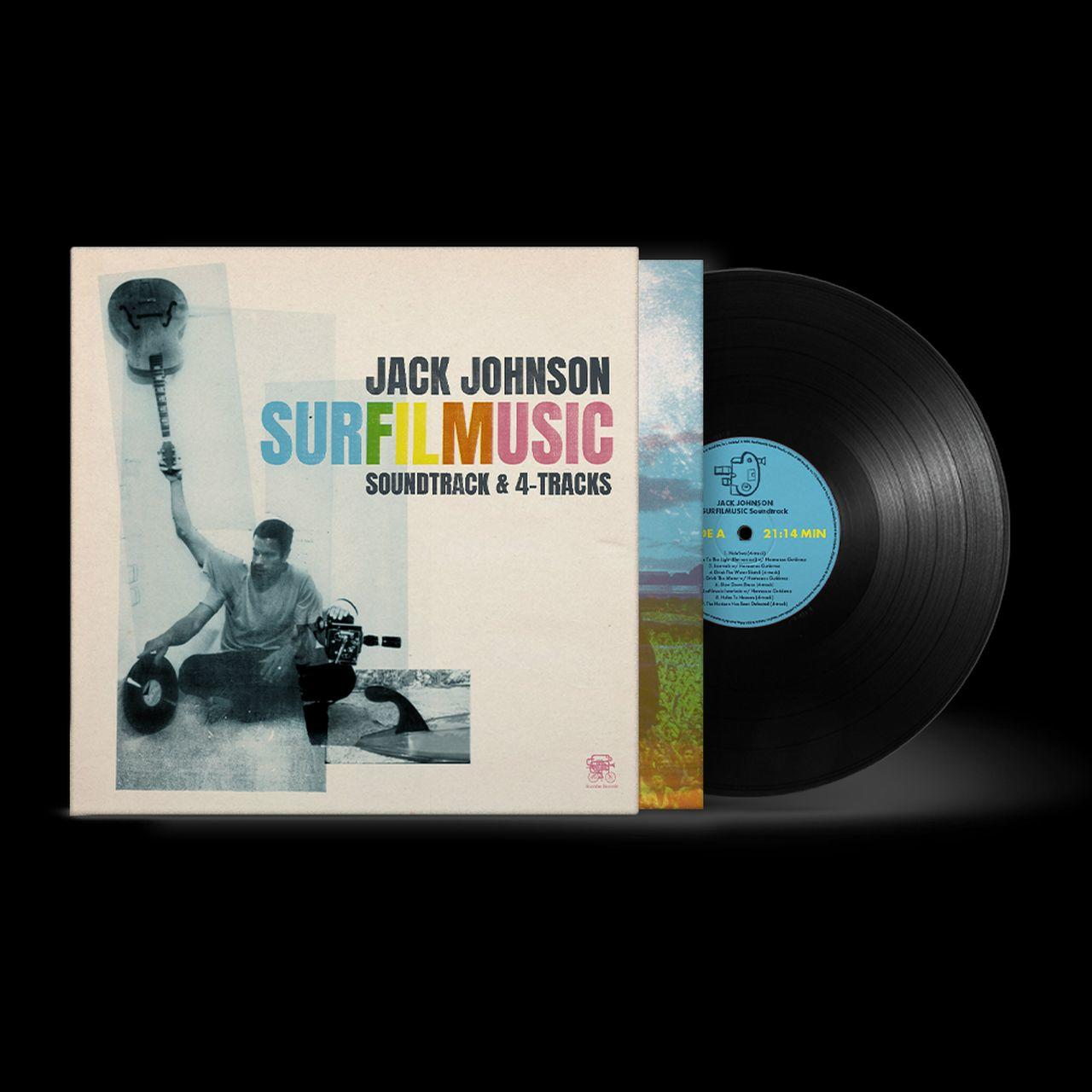Jack Johnson SurfimusiCDcover mit Schallplatte. Mann hält Gitarre und Platte.
