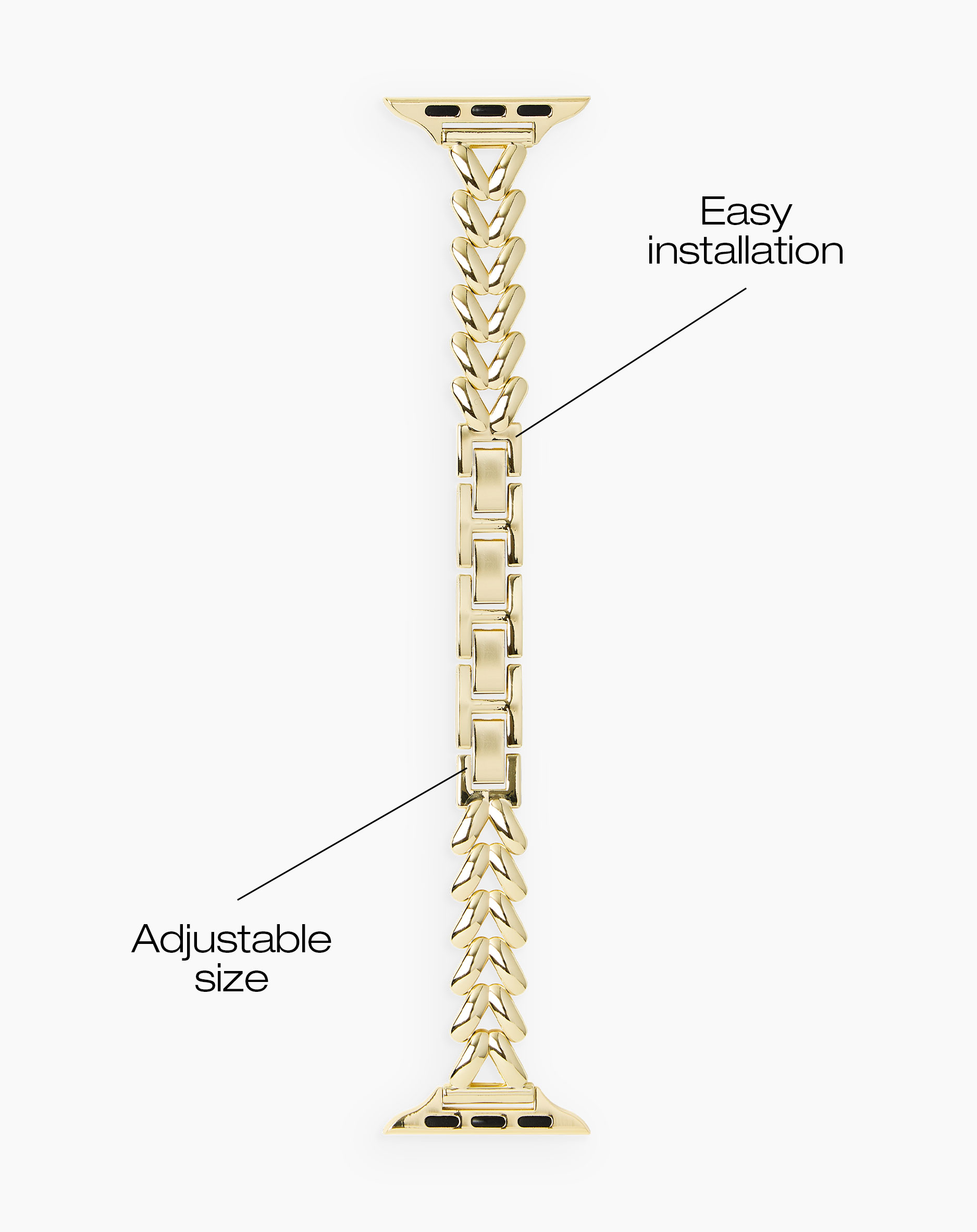 Goldenes, verstellbares Uhrenarmband mit herzförmigen Gliedern und einfacher Montage.