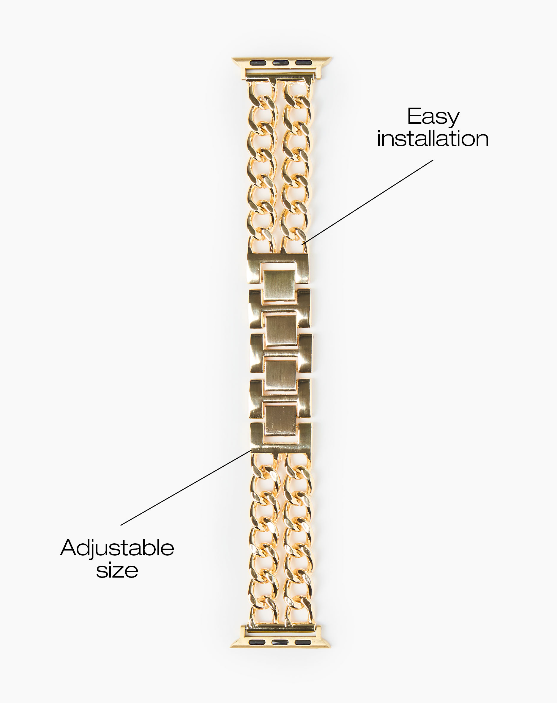 Goldene Uhrenarmband aus Gliederketten mit Schließe, verstellbar und einfach zu montieren.