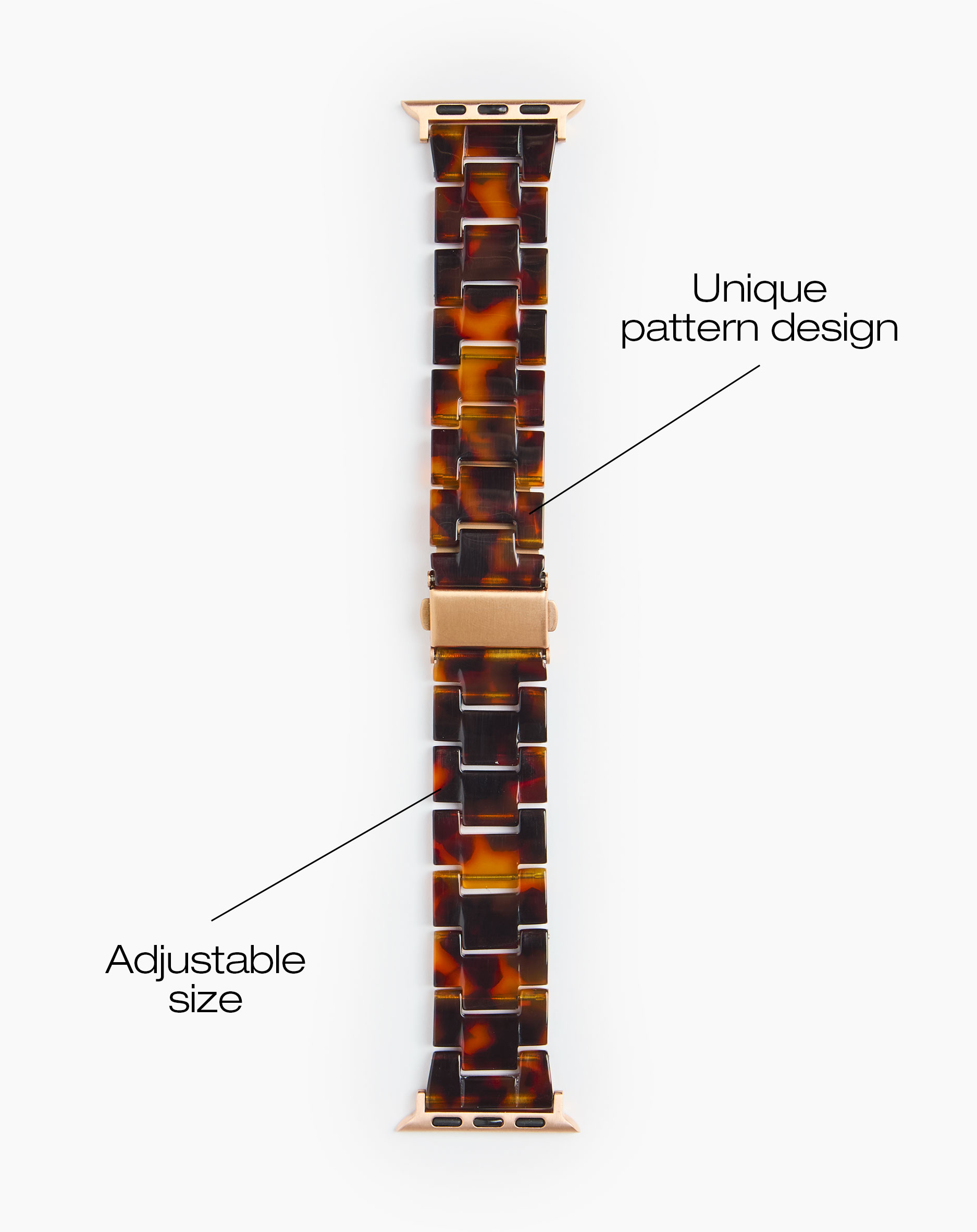 Braunes Schildpatt-Uhrenarmband mit goldenem Verschluss, verstellbar.