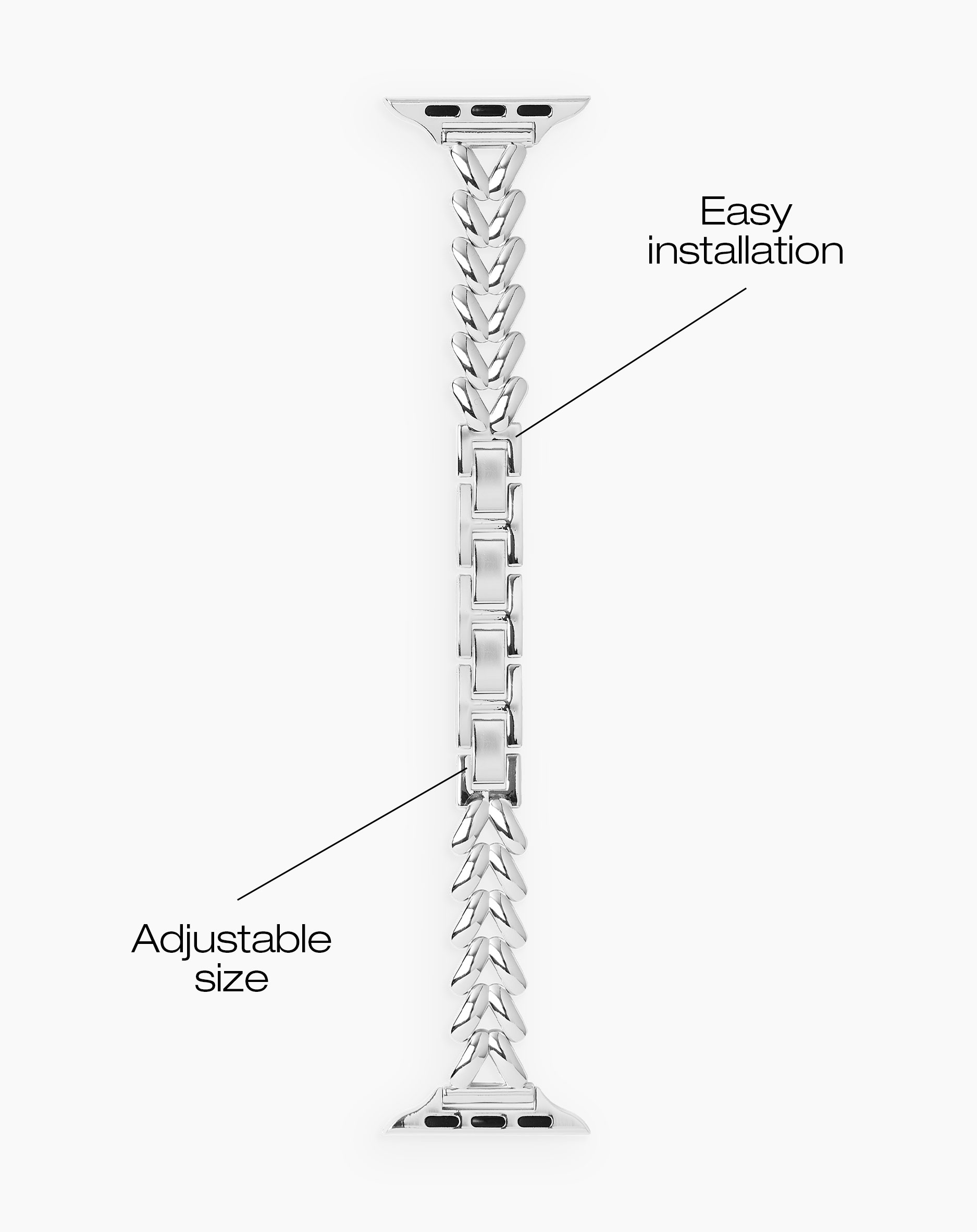Silbernes Uhrenarmband mit herzförmigen Gliedern und verstellbarer Größe.
