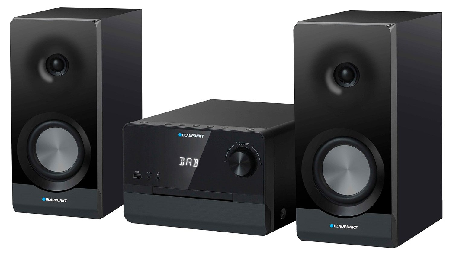 Czarny system stereo z dwoma głośnikami i centralnym odtwarzaczem.