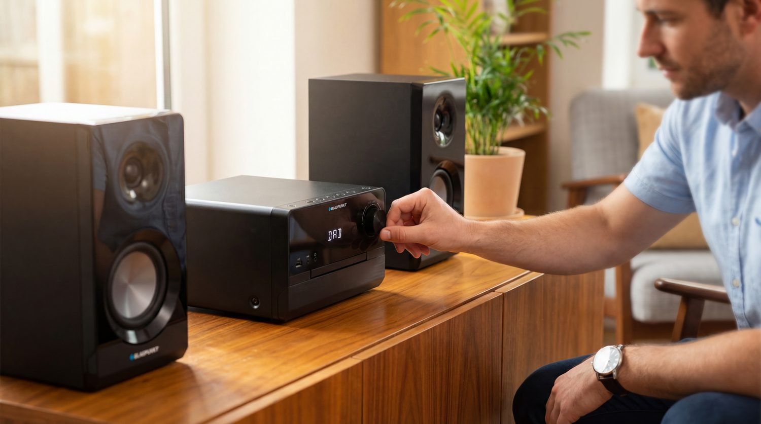 Mężczyzna reguluje czarne radio DAB z dwoma głośnikami na drewnianej szafce.