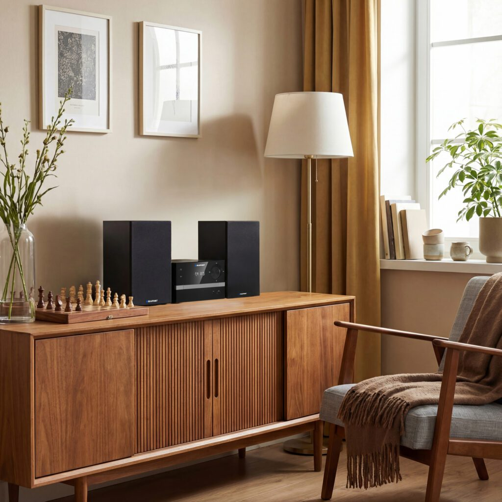 Drewniana szafka ze sprzętem stereo, szachami i oprawioną sztuką. Krzesło z kocem.