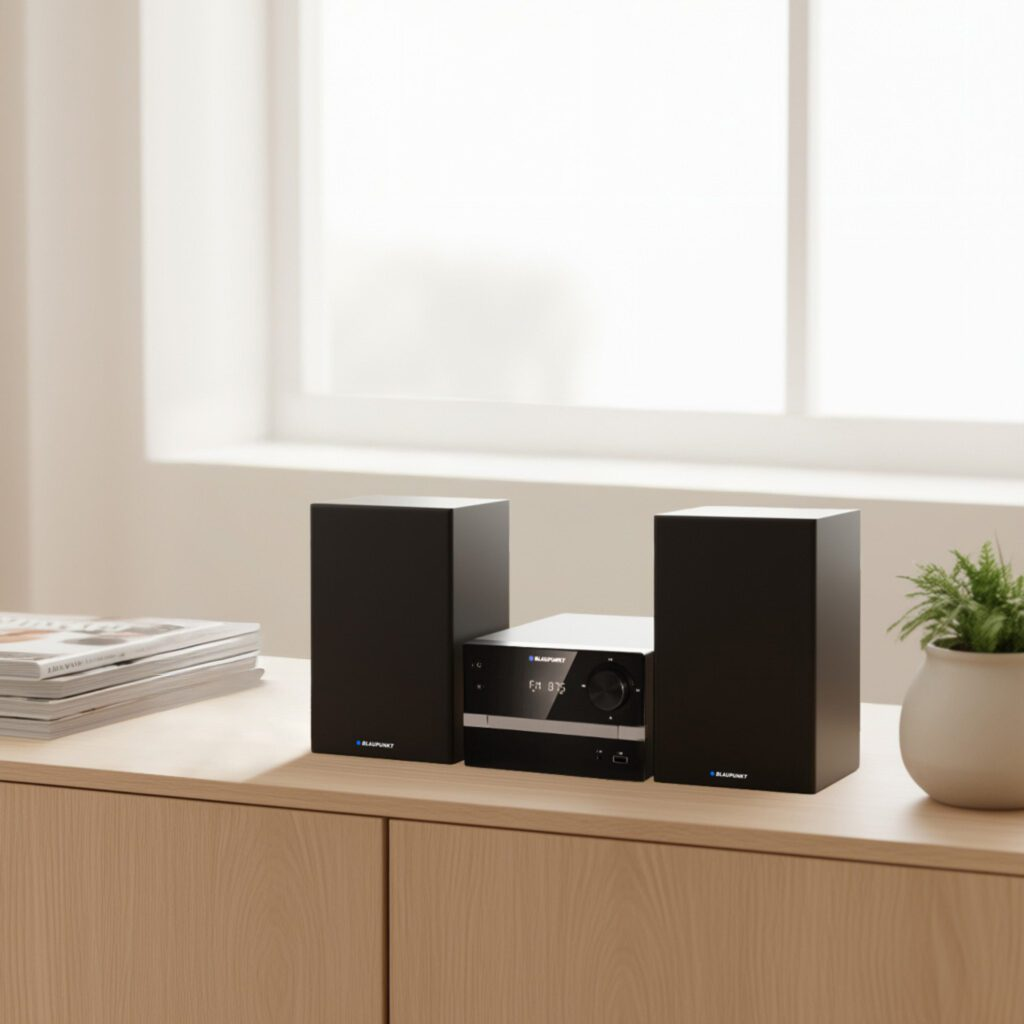 Czarny system stereo z dwoma głośnikami na drewnianej komodzie. Po prawej roślina.