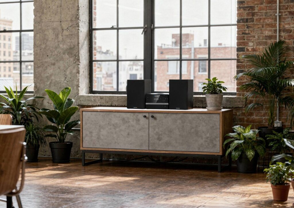 System stereo z dwoma czarnymi głośnikami stoi na szafce.