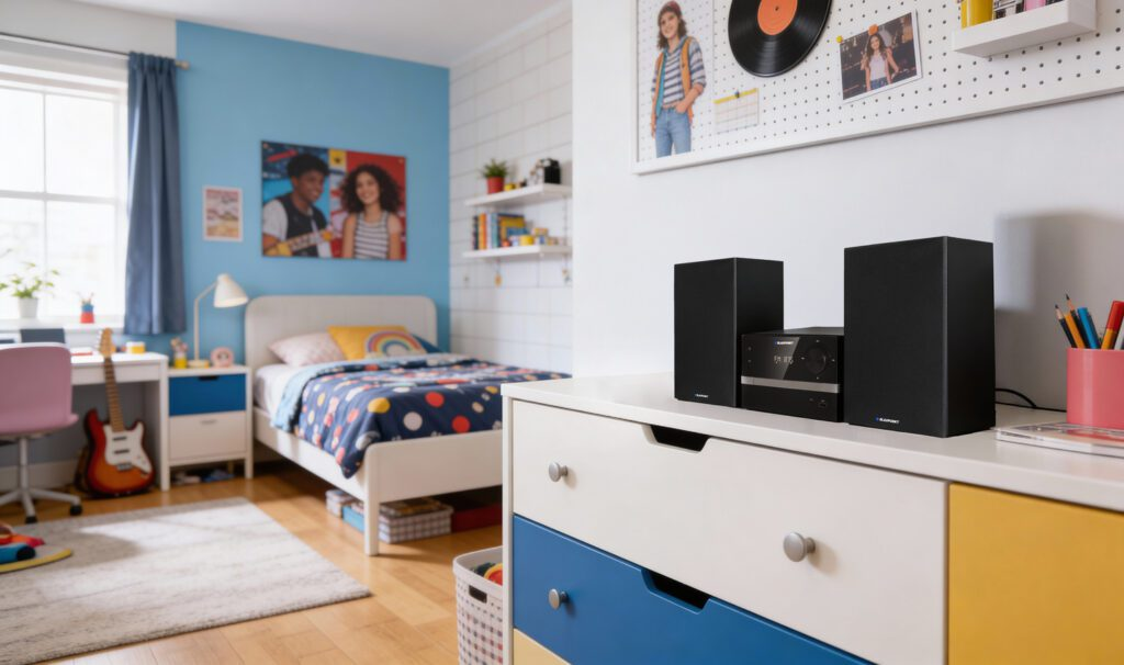 Pokój młodzieżowy z łóżkiem, biurkiem i wieżą stereo na komodzie.