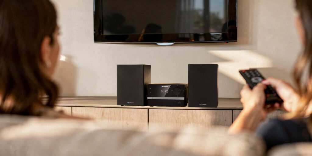 Dwie osoby siedzą na kanapie, oglądając telewizję. Poniżej system stereo.