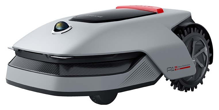 Szara kosiarka robotyczna z czerwonym akcentem, czarnym wzorem karbonowym i dużym kołem.