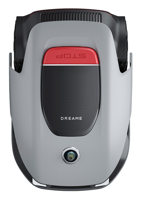 Szary robot sprzątający z czerwonym przyciskiem STOP i logo DREAME.