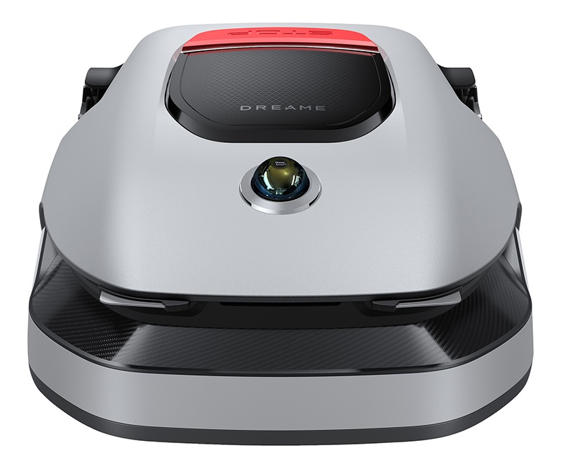 Srebrny robot sprzątający z czerwonym akcentem na górze i czarną wstawką.