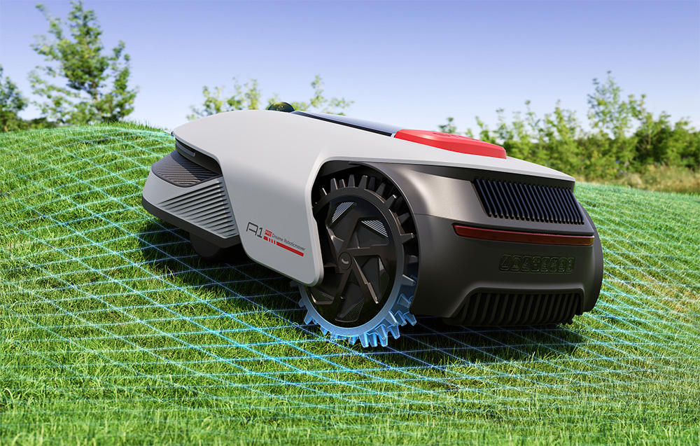 Biała kosiarka robotyczna z czerwonym dachem znajduje się na zielonym, pochyłym trawniku z niebieską siatką.