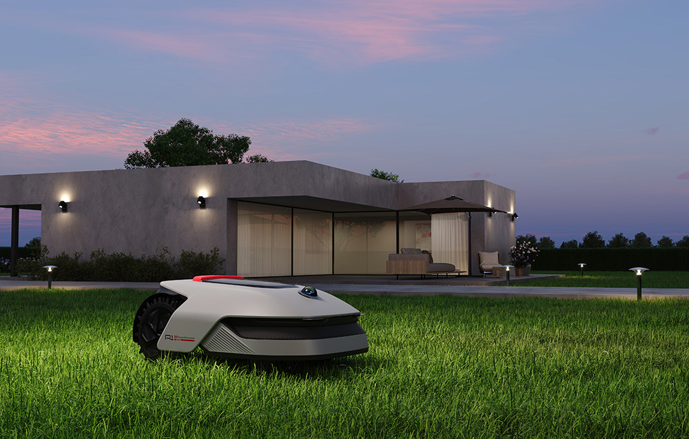 Biały robot koszący na zielonym trawniku przed nowoczesnym domem o zmierzchu.