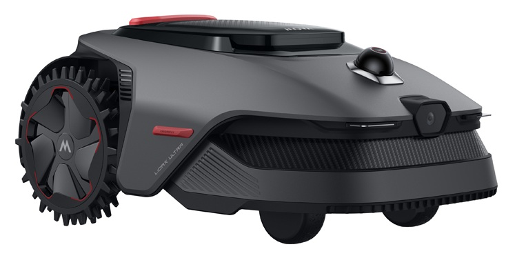 Szary robot koszący z czarnym kołem i czerwonymi detalami.