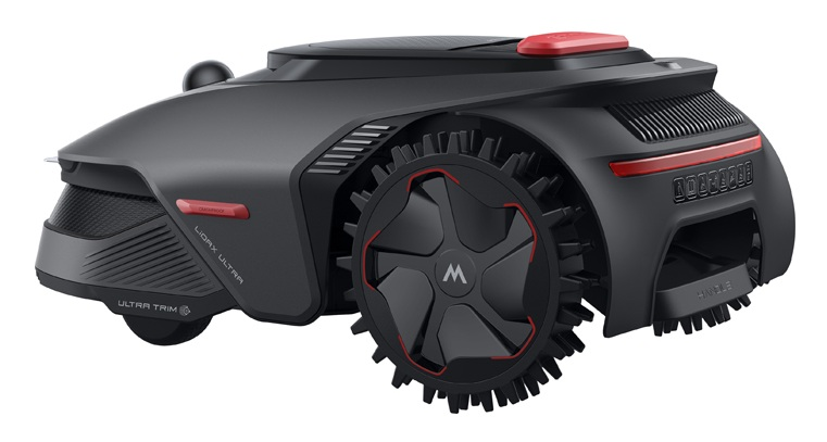 Czarna kosiarka automatyczna z czerwonymi akcentami i dużymi kołami.