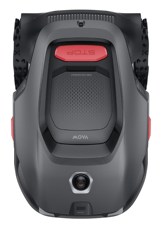 Szara kosiarka robotyczna z czerwonym przyciskiem STOP, kamerą i kołami.