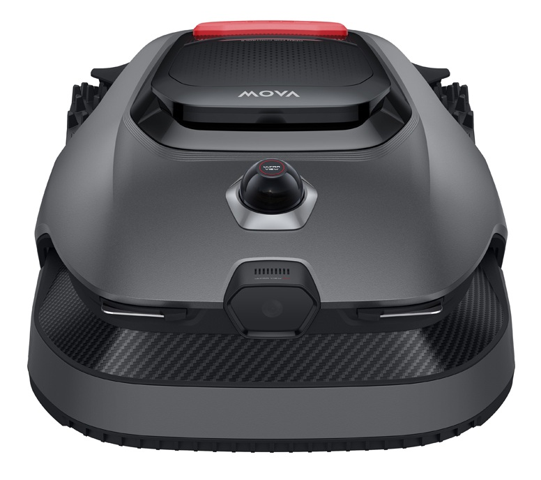 Szara kosiarka automatyczna z czerwonym uchwytem i kamerą.