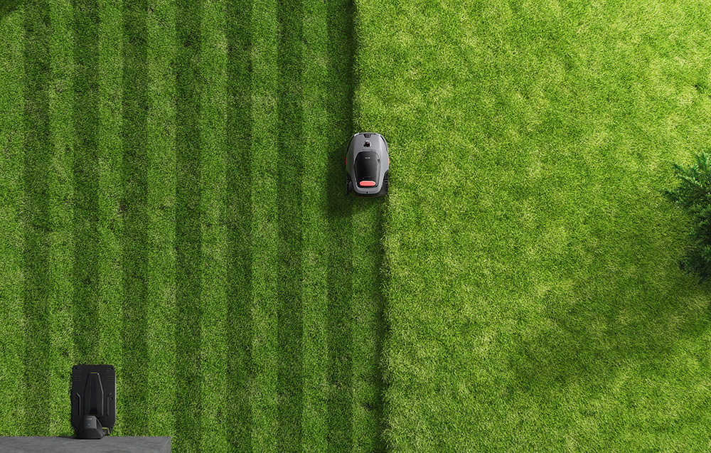 Robot koszący kosi trawnik w paski. Stacja ładująca na pierwszym planie.