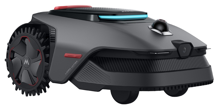 Ciemnoszara kosiarka automatyczna z dużym czarnym kołem i czerwonymi akcentami.