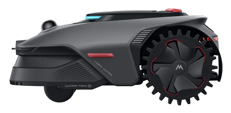 Szara kosiarka automatyczna z dużymi kołami i kamerą na górze.