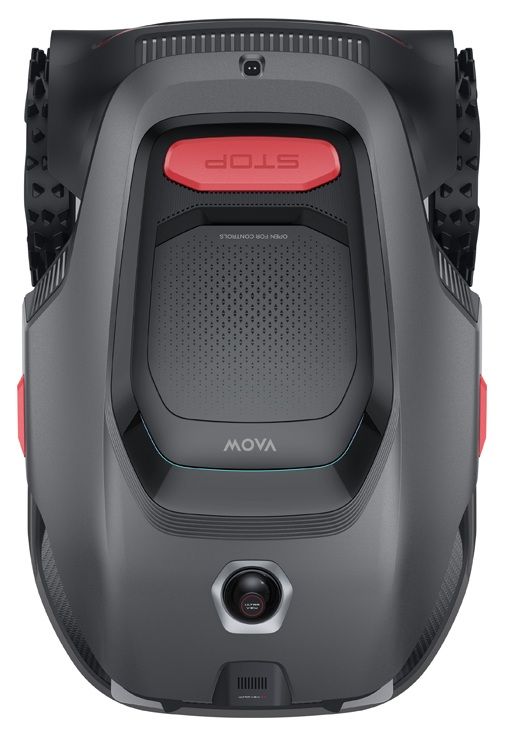 Szary robot koszący z czerwonymi akcentami i kołami.