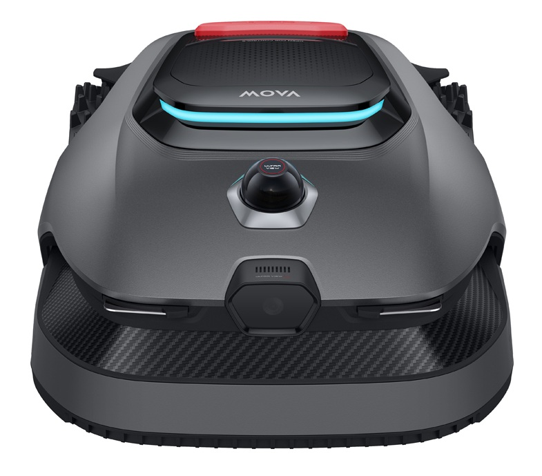 Szara kosiarka automatyczna z czerwonym uchwytem, niebieskim światłem i kamerą.