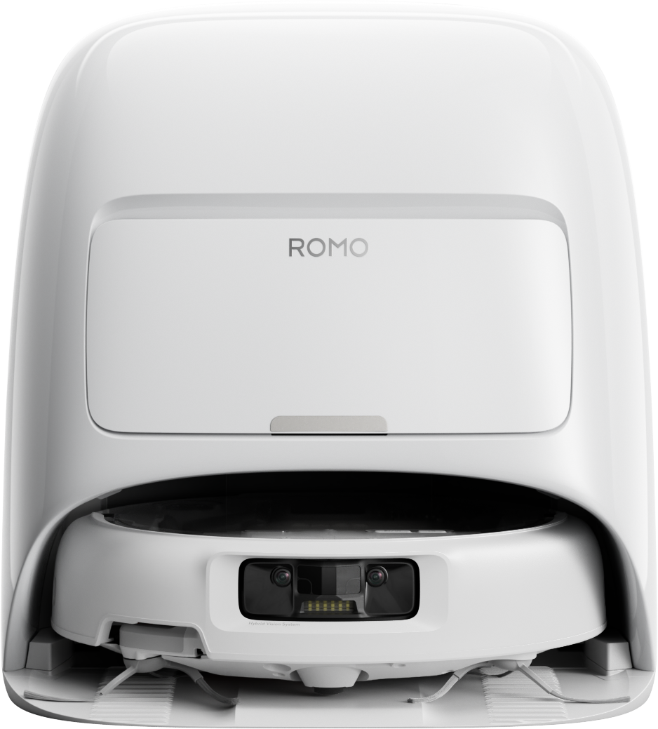 Ein weißer Roboterstaubsauger mit der Aufschrift ROMO und einem Lidar-Sensor.