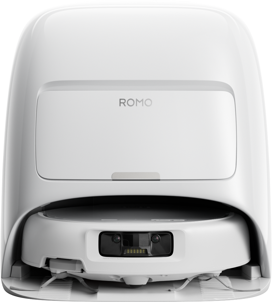 Ein weißer Roboterstaubsauger mit der Aufschrift ROMO und einer Kamera.