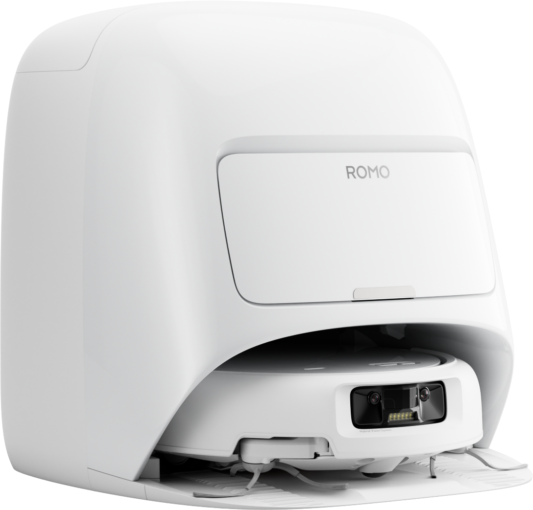 Ein weißer Roboterstaubsauger mit der Aufschrift ROMO. Er hat Kameras und Bürsten.