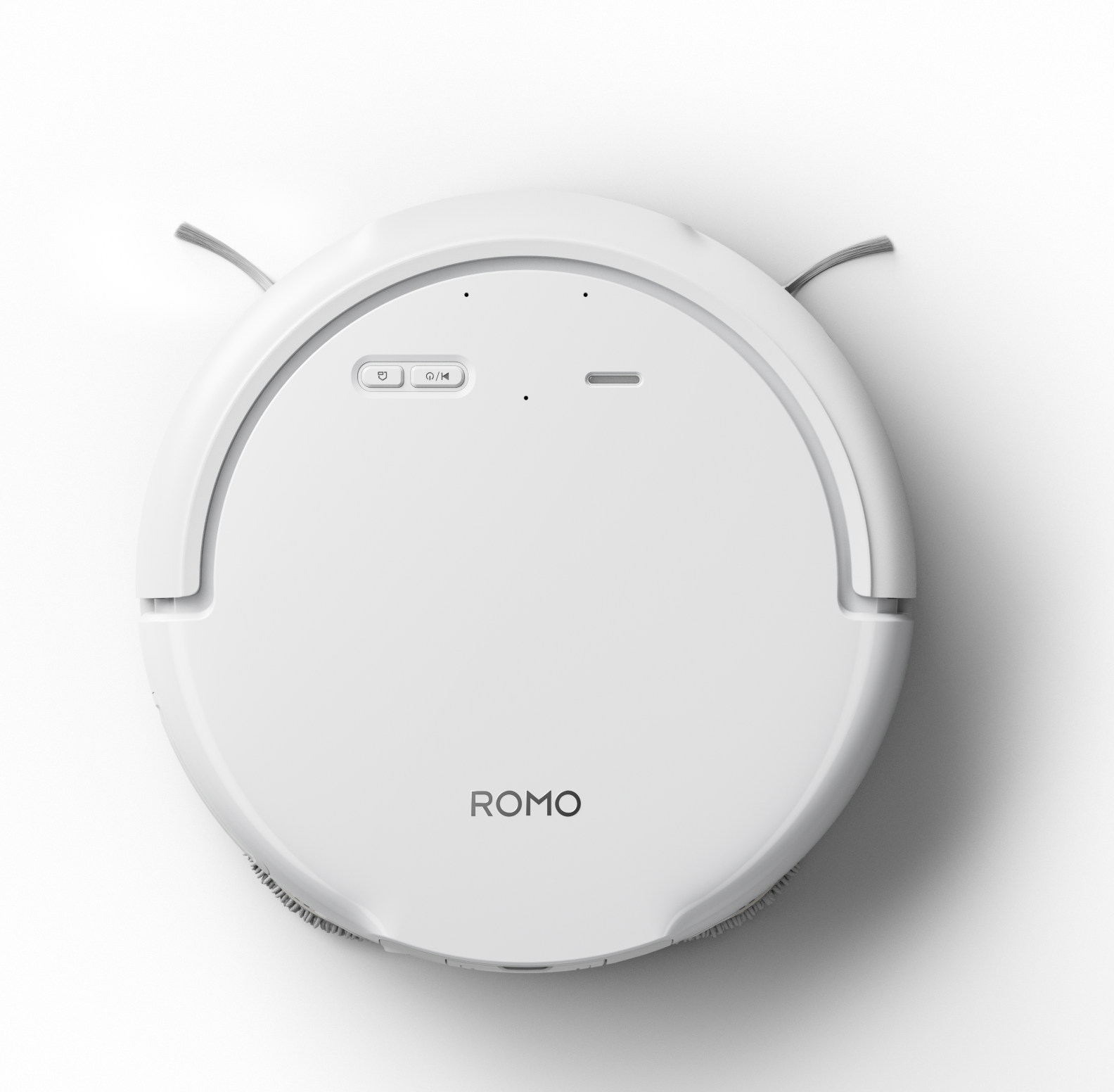 Ein weißer runder Saugroboter mit zwei seitlichen Bürsten und dem Logo ROMO.