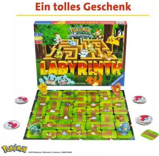 Pokémon Labyrinth Spielbrett mit Figuren und Box. Grüne Spielfelder.