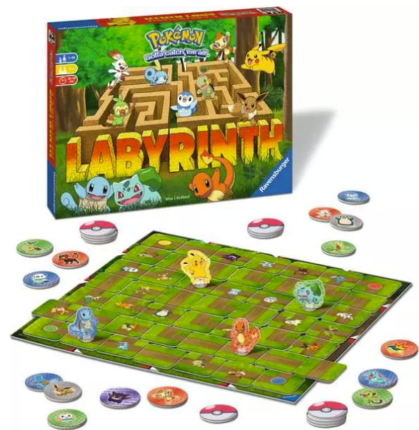 Pokemon Labyrinth Brettspiel mit Spielfiguren: Pikachu, Squirtle, Charmander, Bisasam.
