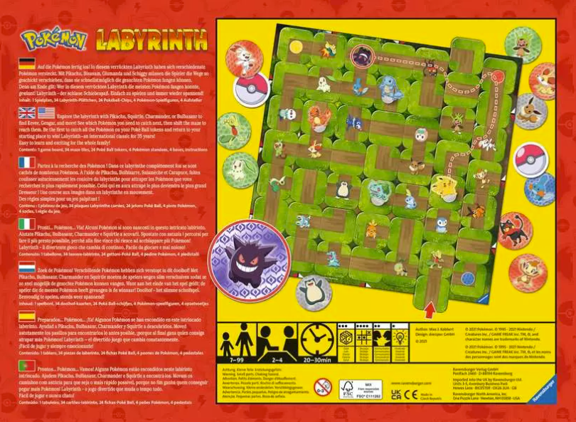 Das Spiel "Pokémon Labyrinth" mit Spielfiguren, Spielplan und Spielsteinen.