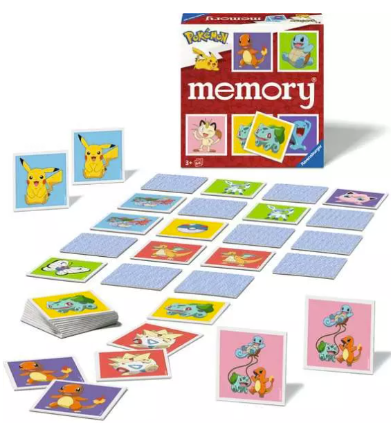 Pokemon Memory Spiel mit Karten von Pikachu, Charmander und Squirtle.