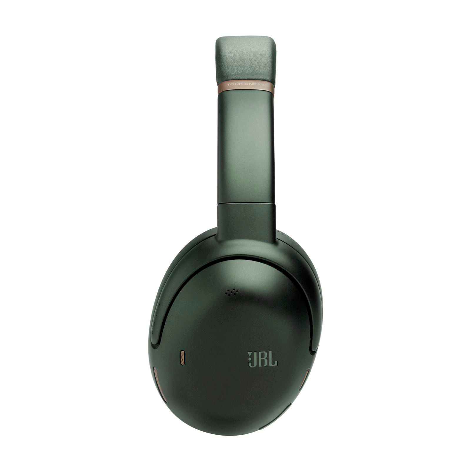 Dunkelgrüne JBL Kopfhörer mit Roségold-Akzenten. Auf weißem Hintergrund.