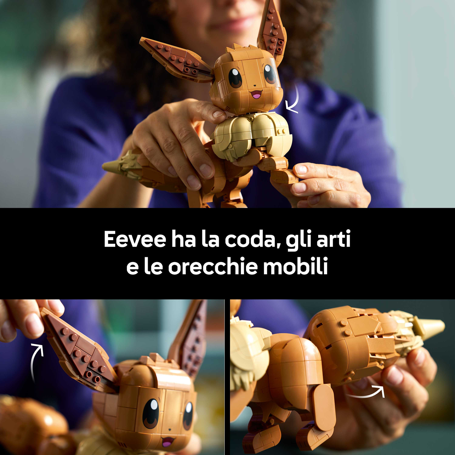 Una persona costruisce un Eevee LEGO marrone con orecchie, braccia e coda mobili.