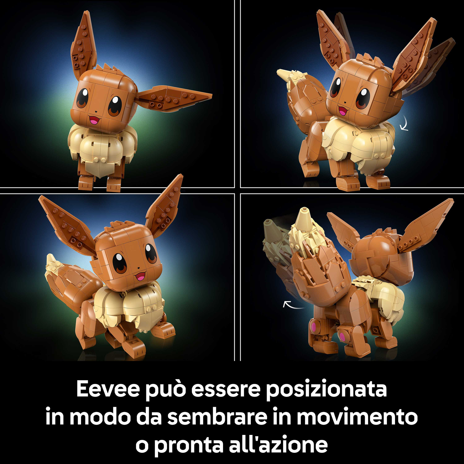 Un modello Lego di Eevee in quattro pose, che mostra movimento e azione.