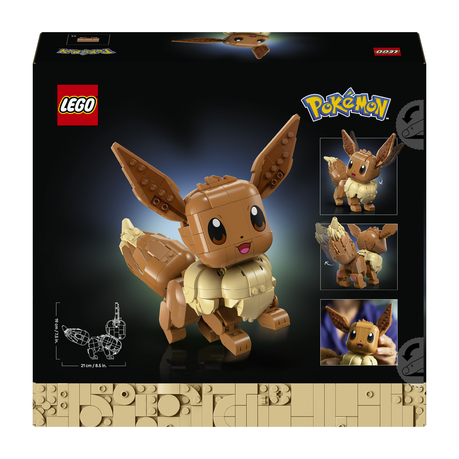 Set LEGO Eevee con dimensioni e viste dettagliate. Pokémon marrone costruito con mattoncini.