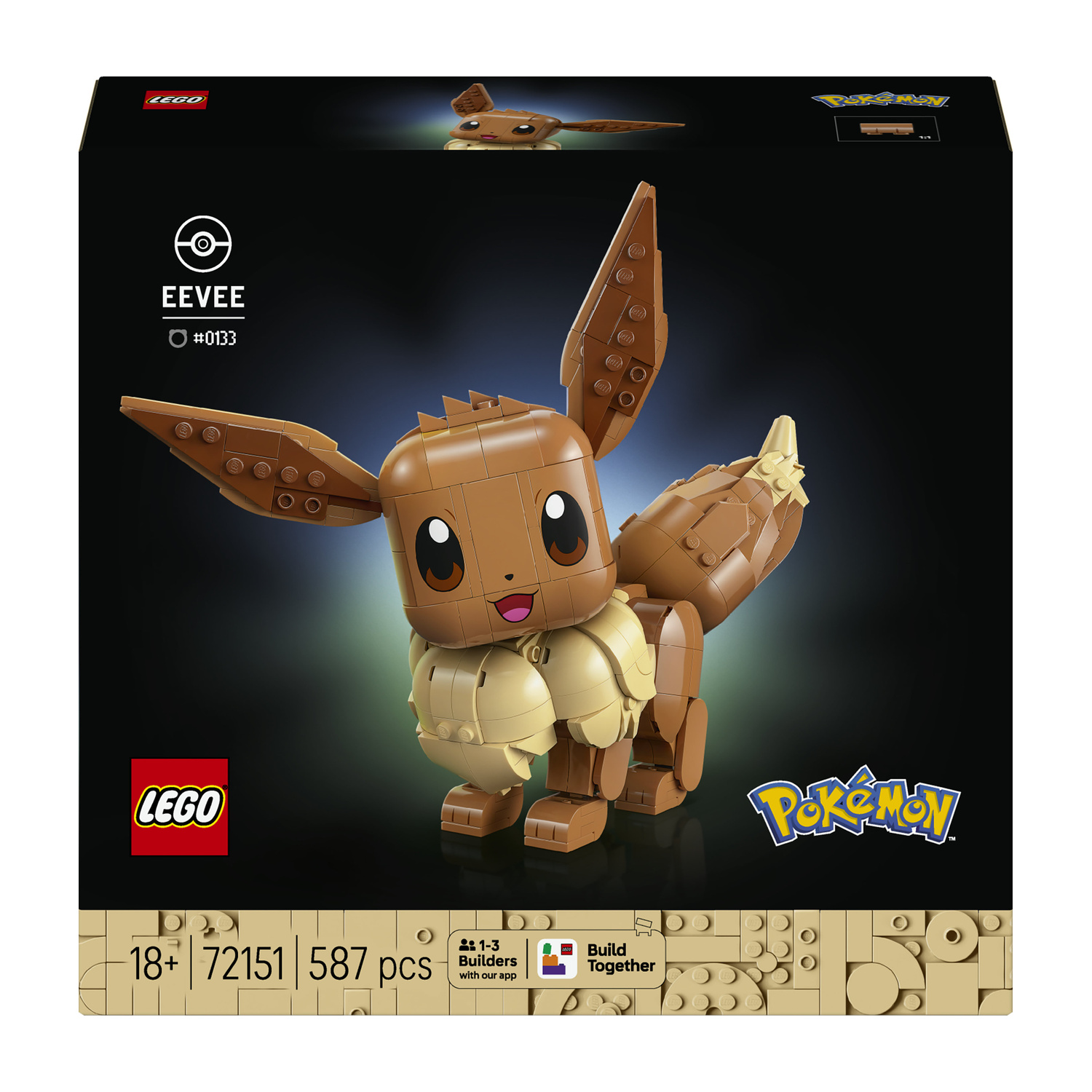 Set LEGO Eevee da 587 pezzi. Per costruttori dai 18 anni in su. App Build Together.