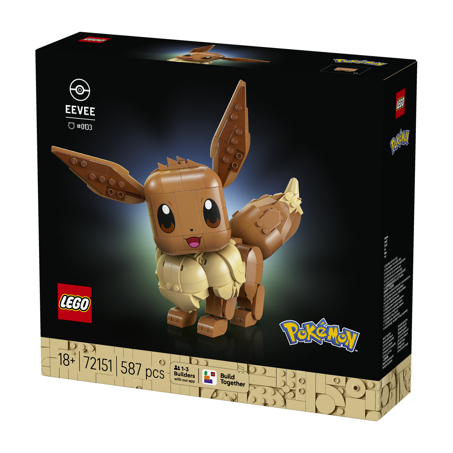 Scatola set LEGO Eevee con logo Pokémon, 587 pezzi, 18+.
